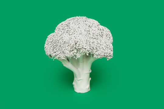 Broccoli painted white on green background