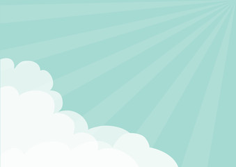 Fluffy Cloud in corners frame template. Blue sky. Sun light rays burst. Sunshine. Cloudshape. Cloudy weather. Flat design. Background. Isolated
