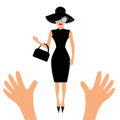 Hands reaching to woman in black hat, bag and sunglasses. Rich and beautiful celebrity girl. Beauty fashion model face red lips. People collection Cute cartoon character Flat White background