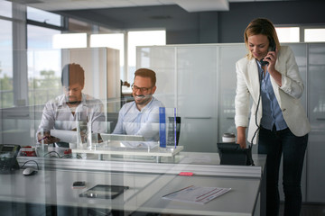 Business people working in office. Business woman talking on Landline phone.