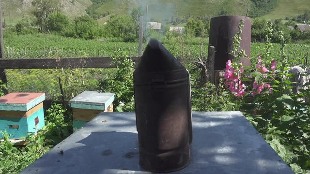 Old beekeeper smoking pot standing on the hives. Nature background