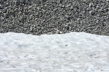 Hintergrund Struktur Natur Steine und Schnee auf einem Wanderweg im Hochgebirge