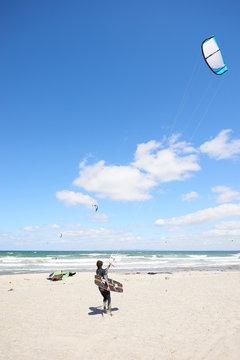 Kite surfer on beach, Hornb&iacute;_k, Hovedstaden, Denmark