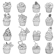 Doodle set of cupcakes. Hand drawn vector illustrations isolate on white