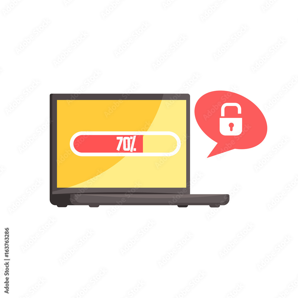 Poster hacker stealing confidential data from hacked computer, cyber crime cartoon vector illustration