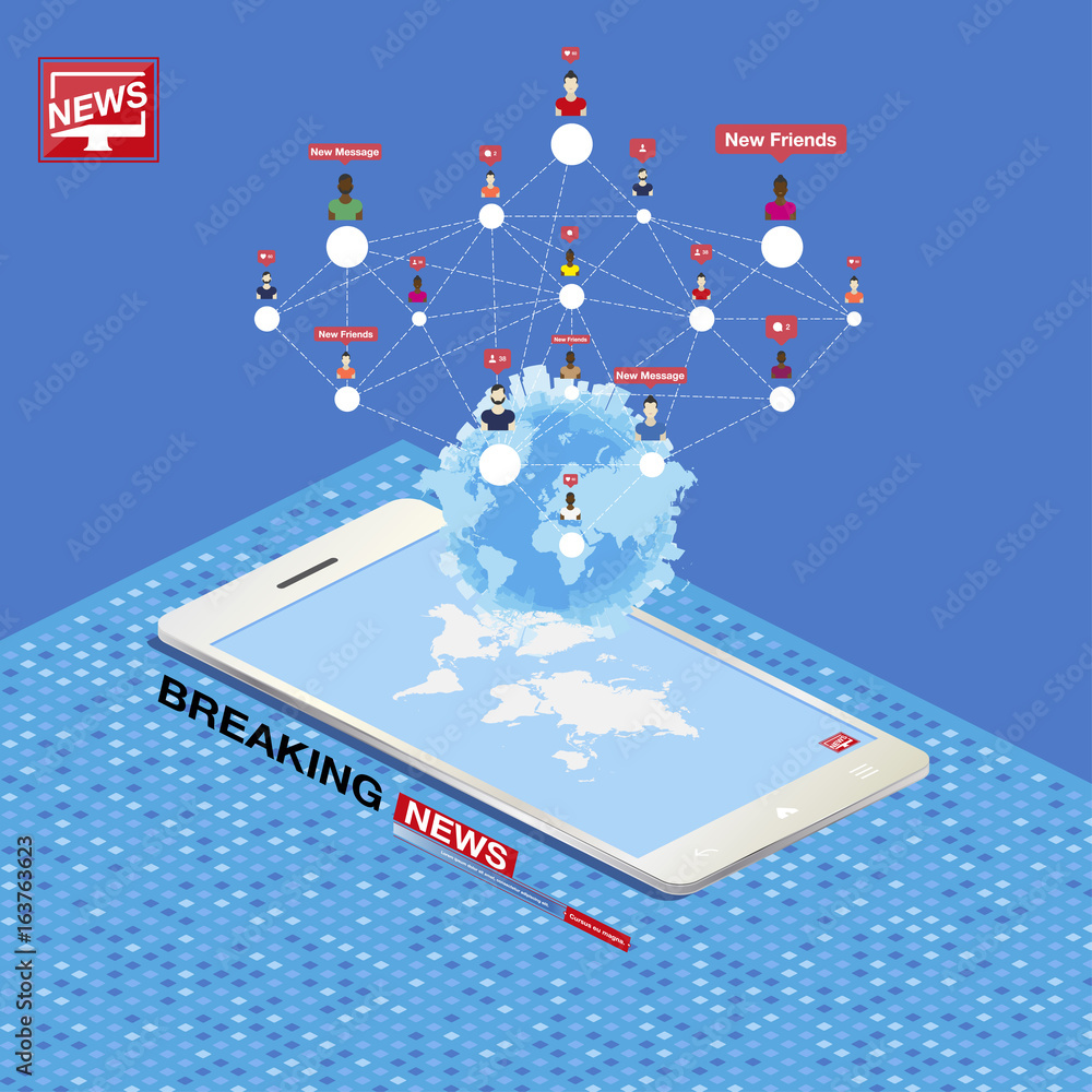 Poster 3d isometric concept breaking news. smartphone with a world map and social network notifications. ve