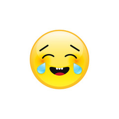 Vector emoji emoticon smiling laughing face with tears of joy. Yellow laughing crying emoji icon isolated on white background.