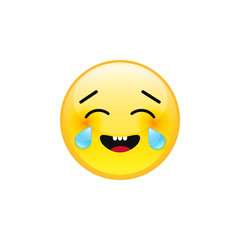 Vector emoji emoticon smiling laughing face with tears of joy. Yellow laughing crying emoji icon isolated on white background.