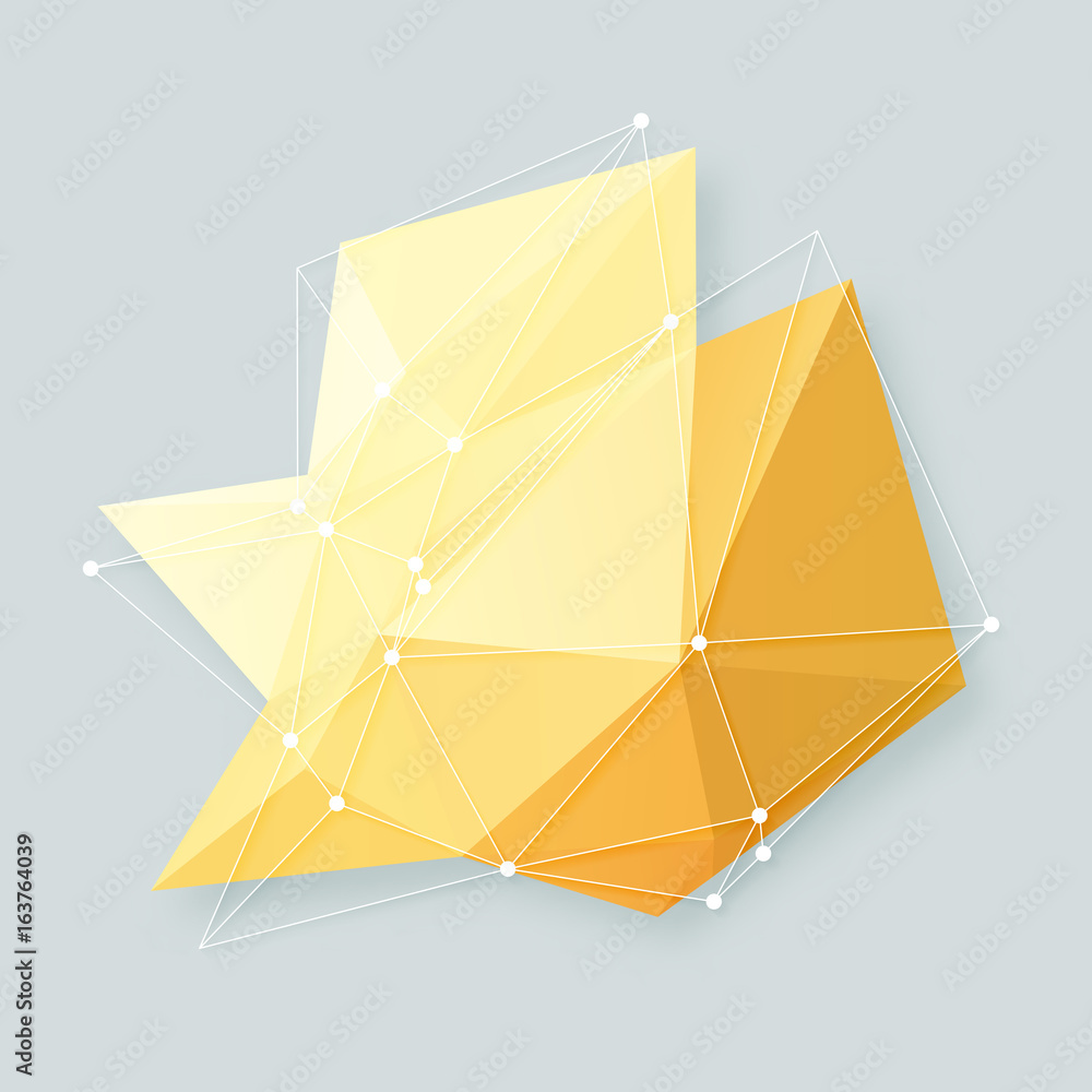 Poster vector abstract shiny yellow low poly polygonal shape with white outline wireframe design element
