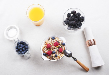 Breakfast cereal with raspberries and blueberries along with orange juice and tasty blackberries. Horizontal studio shot.