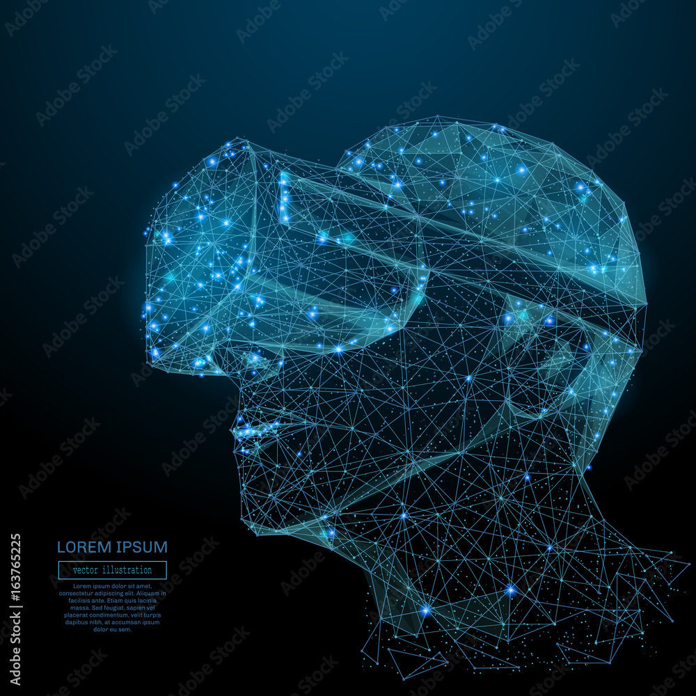 Poster Abstract image of a virtual reality in the form of a starry sky or space, consisting of points, lines, and shapes in the form of planets, stars and the universe. Vector technology concept
