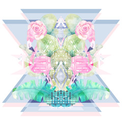 Abstract geometric poster with watercolor flamingo, cactus, rose and palm leaves. Summer design. Hand drawn illustration