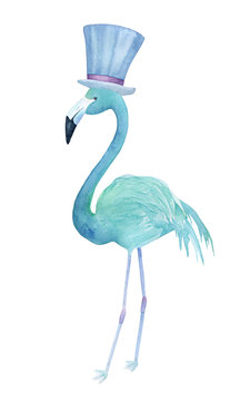 Watercolor blue flamingo in a hat. Hand-drawn illustration