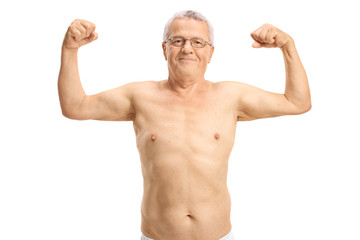 Shirtless elderly man flexing his biceps