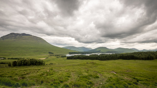 Loch Tulla, Scottish Highlands. A view of the landscape and a lake in Scotland north of The Trossachs.