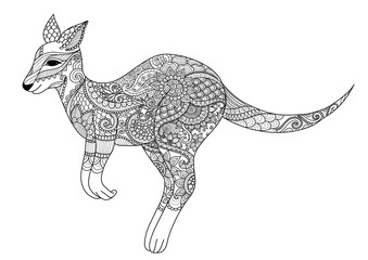Zendoodle design of jumping kangaroo for design element and adult or kid coloring book page. Vector illustration