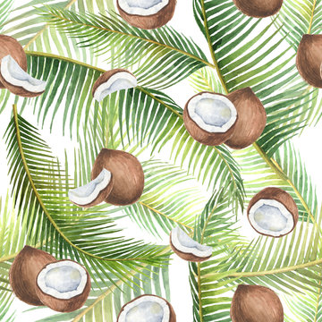 Watercolor seamless pattern with tropical green leaves and coconuts isolated on white background.