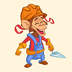 Cartoon construction worker monkey with a trowel. Vector illustration