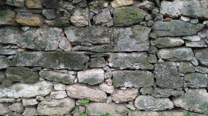 Old masonry of irregularly shaped green moldy stones. Aged stonework
