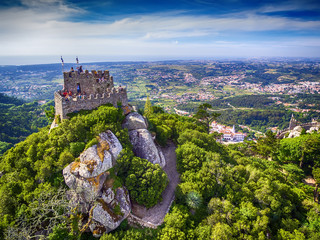 Sintra, Portugal: aerial top view of the Castle of the Moors, Castelo dos Mouros, located next to...