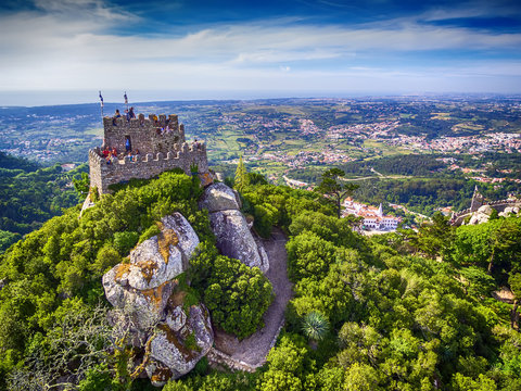 Sintra, Portugal: aerial top view of the Castle of the Moors, Castelo dos Mouros, located next to Lisbon
