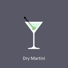 Dry Martini cocktail icon on dark background in flat style