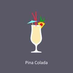 Pina Colada cocktail icon on dark background in flat style