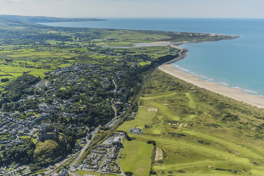 Harlech, Gwynedd, Wales, Uk. Aerial view of the North West Welsh coastline 12 August 2015
