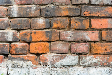 Red old worn brick wall texture background.