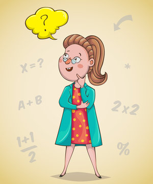 Girl scientist is thinking. Cartoon character. Vector illustration