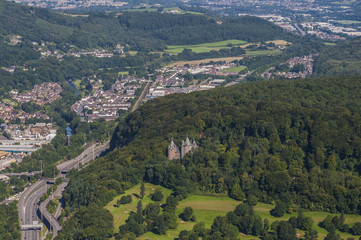 Fototapeta na wymiar Aerial views of Castle Coch form a helicopter Cardiff, South Glamorgan, Wales, UK 12.08.2017
