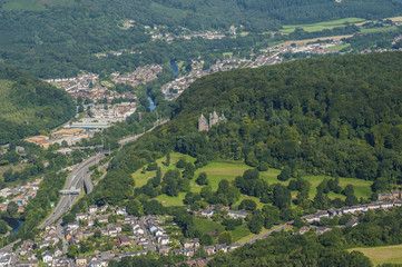 Aerial views of Castle Coch form a helicopter Cardiff, South Glamorgan, Wales, UK 12.08.2017
