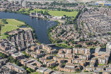 Aerial View of the Welsh capital city of Cardiff from a helicopter captured on 12.08.2015