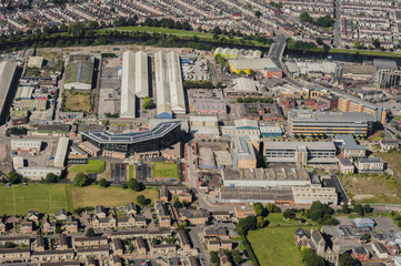 Aerial View of the Welsh capital city of Cardiff from a helicopter captured on 12.08.2015
