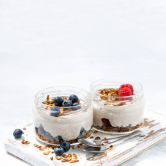 healthy creamy dessert with berries and white background