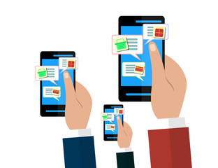 Mobile and online shop concept. Hands holding smartphones. Digital Marketing, store, Ecommerce shopping.