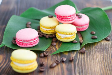 Pink, yellow macaroons, coffee beans on green leaf, wood