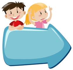 Blue arrow with happy boy and girl
