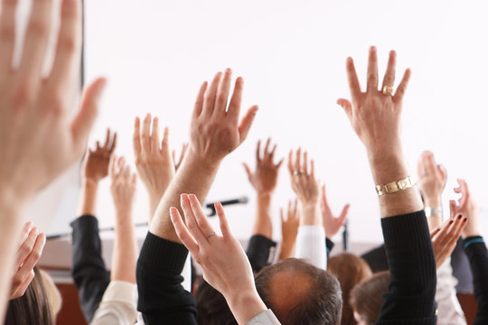 Large group of seminar audience in class room