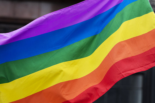 Gay Rainbow Flag At An LGBT Gay Pride March In London