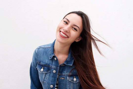 Beautiful Woman In Denim Jacket With Long Hair Blowing