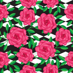 Beautiful rose flower seamless vector pattern on geometric background