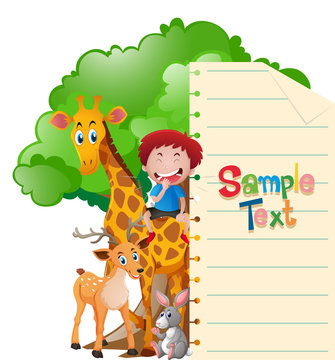 Paper template with wild animals and boy
