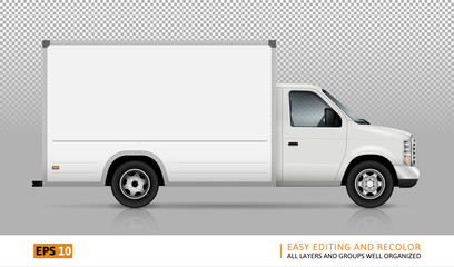 Van vector template for car branding and advertising. Isolated cargo truck set on transparent background. All layers and groups well organized for easy editing and recolor. View from right side.