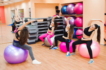 Fototapeta na wymiar Women working out with exercise ball in gym.
