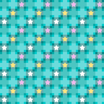Seamless turquoise pattern with stars and square elements