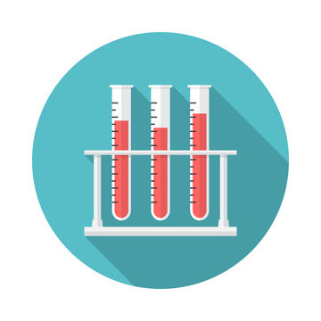 Test tubes circle icon with long shadow. Flat design style. Blood test tubes simple silhouette. Modern, minimalist, round icon in stylish colors. Web site page and mobile app design vector element.