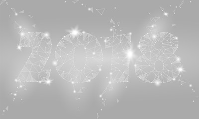Geometric polygonal 2018 New Year Greeting card. Low poly triangle future technology neutral gray white silver metalic background. Corporate business design vector illustration