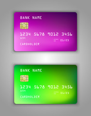 Vector set Realistic credit bank card mockup. gradient spiral pattern. Lilac, green, blue, purple