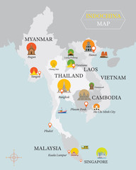 Indochina Map with National Capital Landmarks Icons